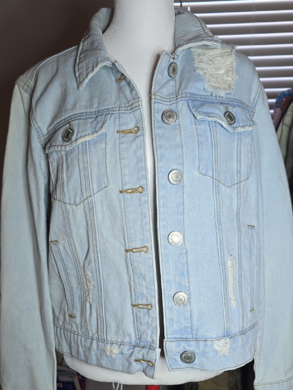Sky and Sparrow Light Blue Distressed Denim Jacket